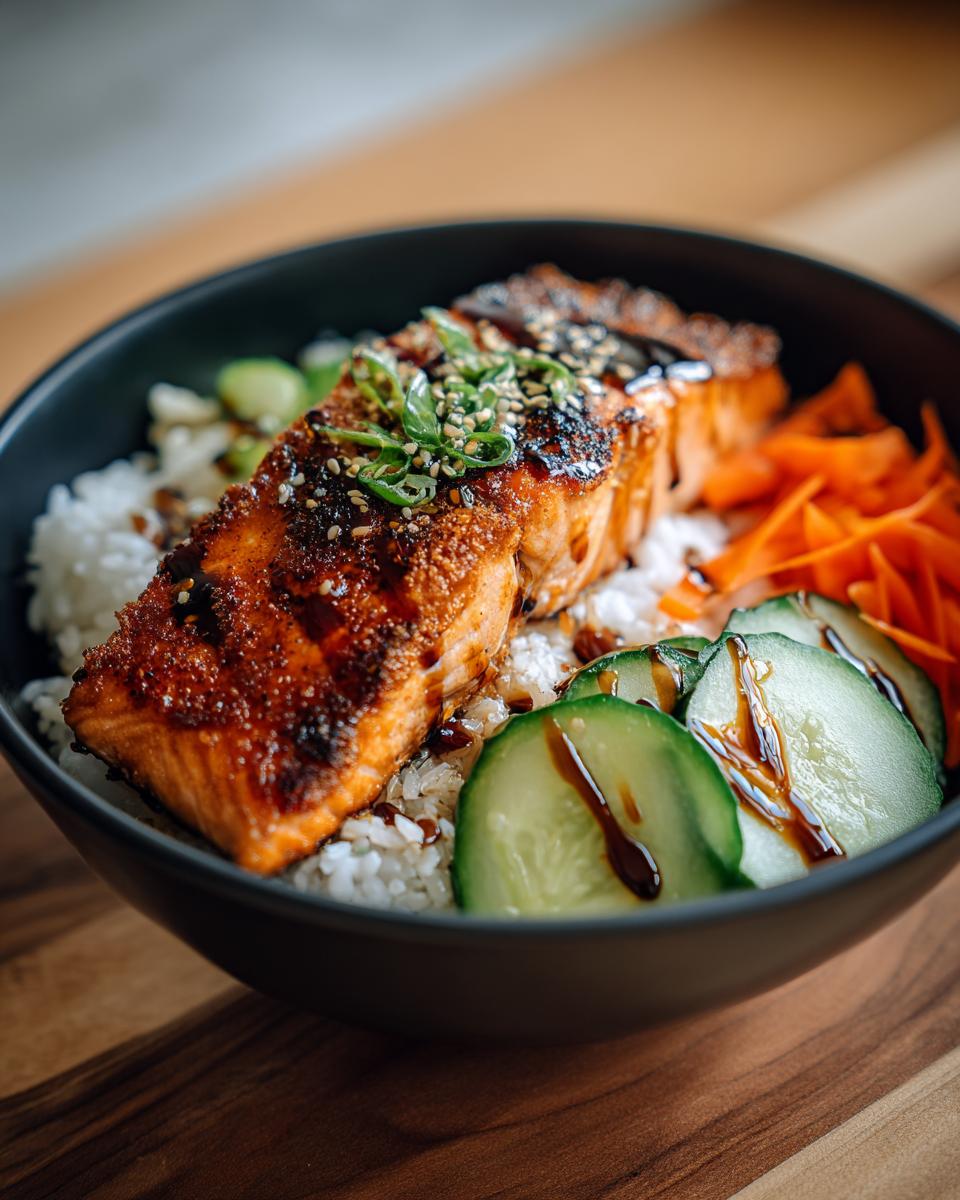 A close-up of a delicious Crispy Salmon and Rice Bowl, featuring a perfectly cooked salmon fillet over rice with cucumber and carrot.