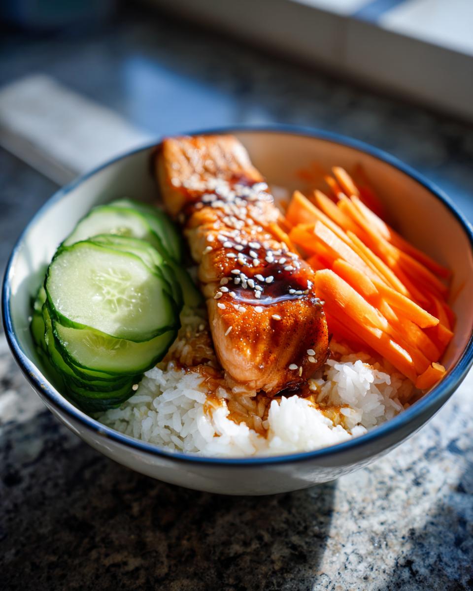 A delicious Crispy Salmon and Rice Bowl featuring a piece of glazed salmon over white rice, with sliced cucumber and julienned carrots.