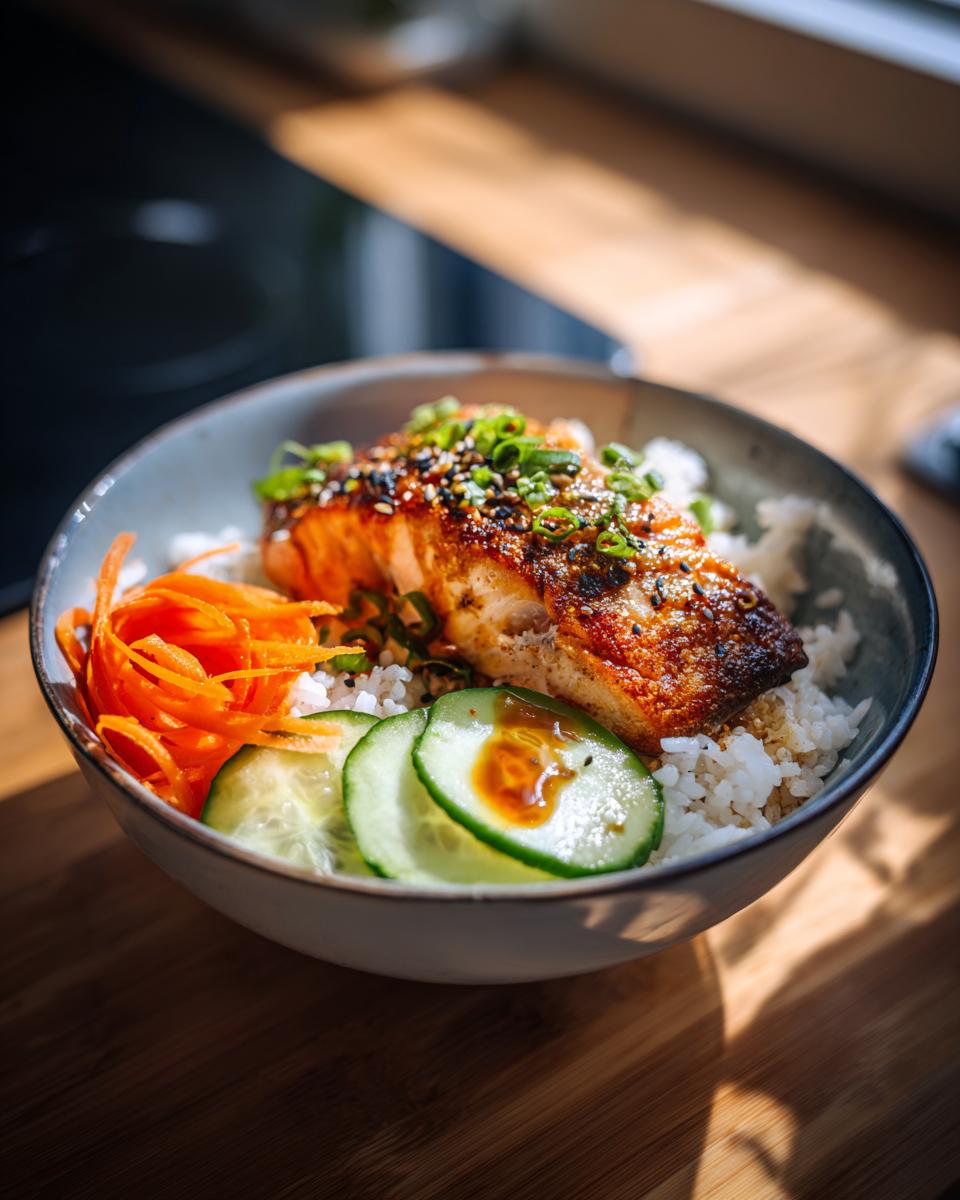 A delicious Crispy Salmon and Rice Bowl featuring a perfectly cooked salmon fillet, white rice, shredded carrots, and cucumber slices.