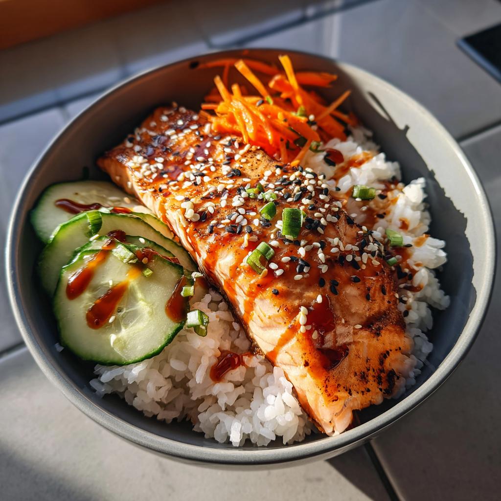 A close-up of a Crispy Salmon and Rice Bowl, featuring a glazed salmon fillet over white rice, with sliced cucumbers and shredded carrots.