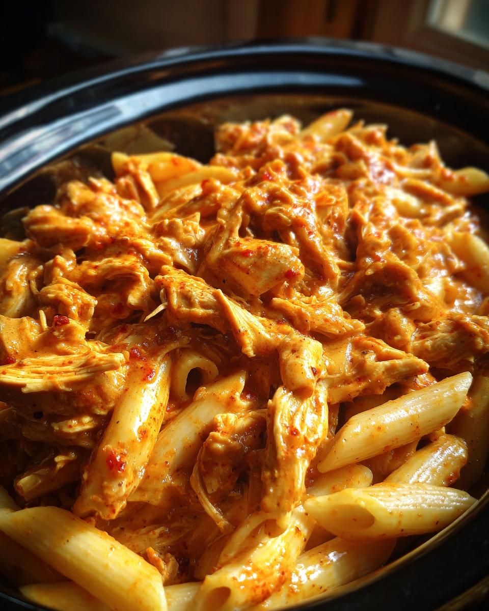 Close-up view of Crock Pot Creamy Cajun Chicken Pasta with penne pasta and shredded chicken in a rich, orange sauce.