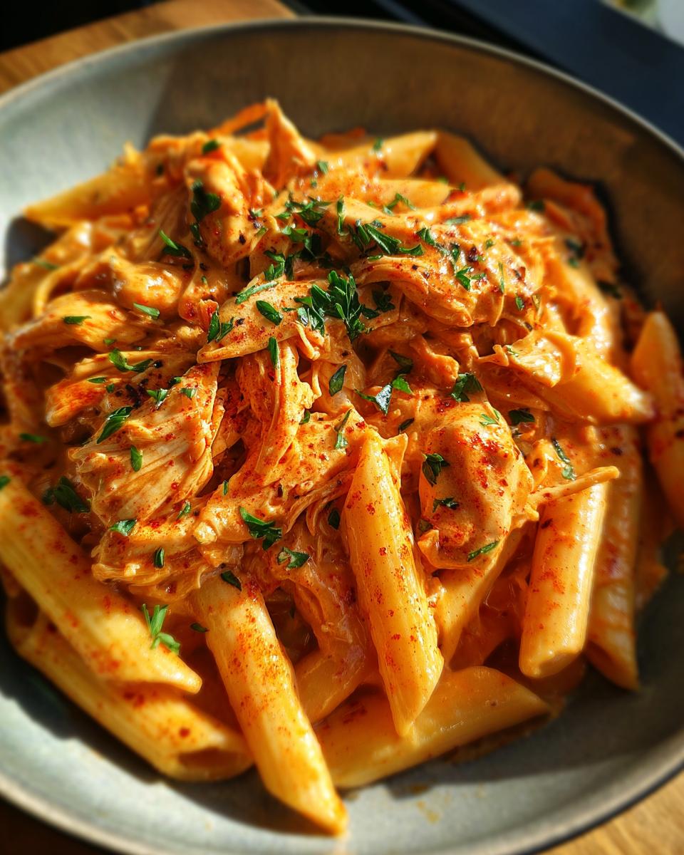 A close-up of Crock Pot Creamy Cajun Chicken Pasta, featuring penne noodles coated in a rich sauce with shredded chicken and sprinkled with parsley.