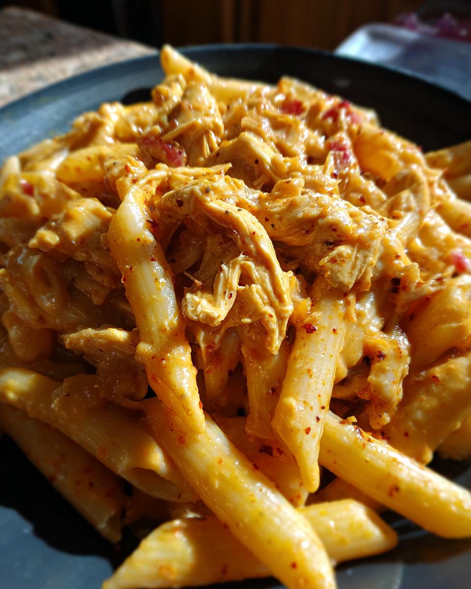 A close-up shot of Crock Pot Creamy Cajun Chicken Pasta, featuring penne pasta coated in a rich, orange sauce with shredded chicken and red pepper flakes.