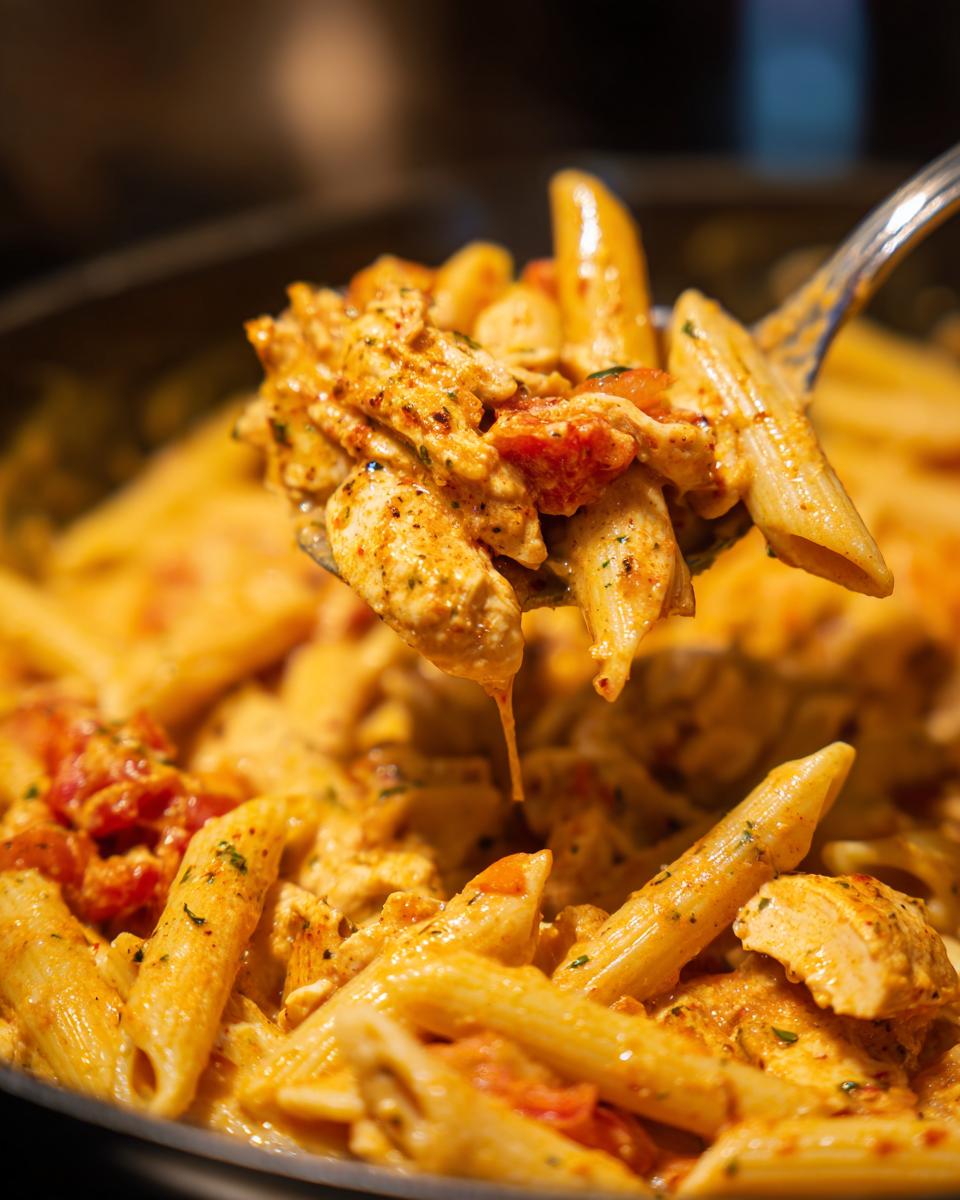 A spoonful of Crock Pot Creamy Cajun Chicken Pasta with penne noodles, chicken pieces, and tomatoes in a rich sauce.