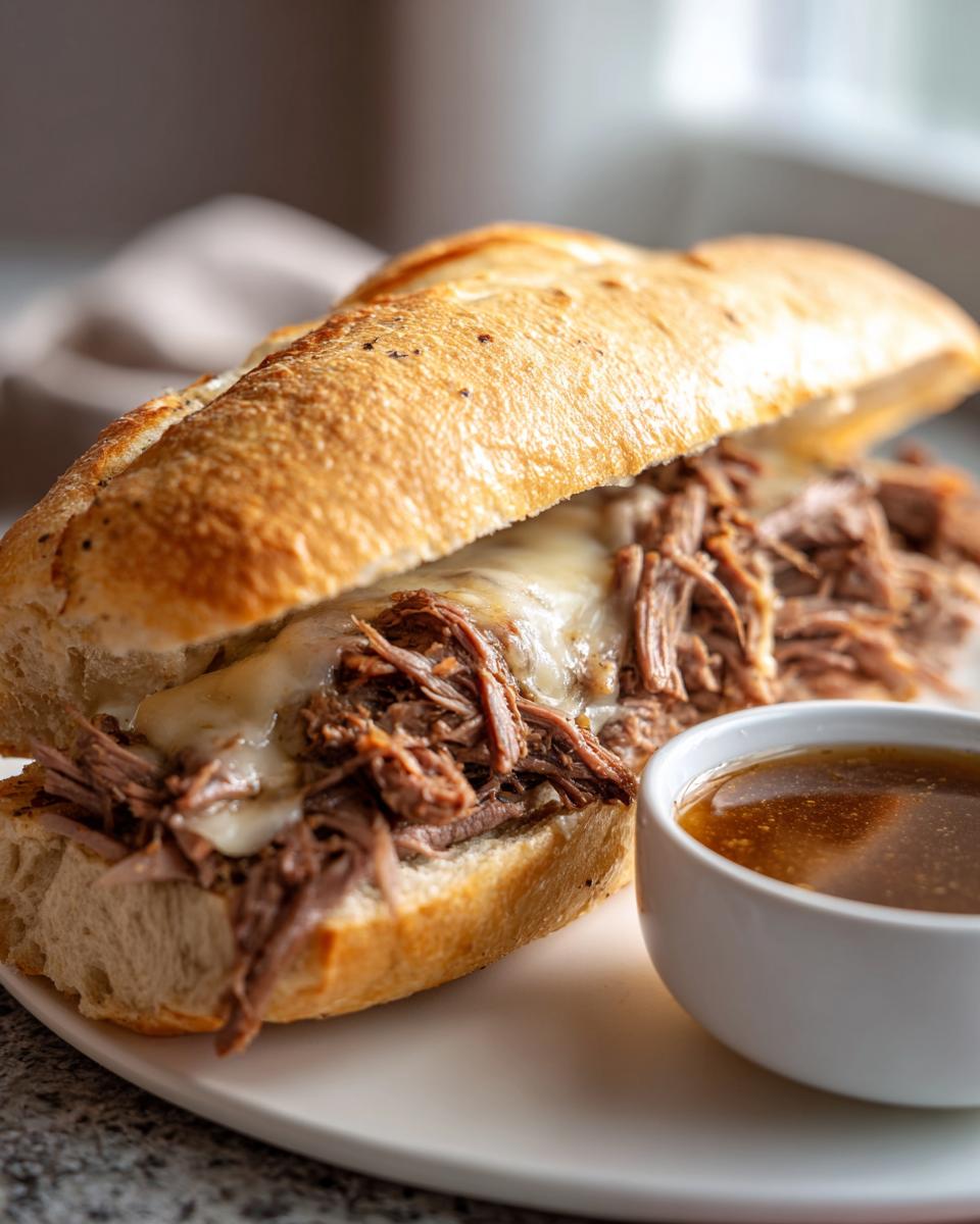 A close-up of a Crockpot French Dip Sandwich filled with shredded beef and melted cheese, served with a side of au jus.