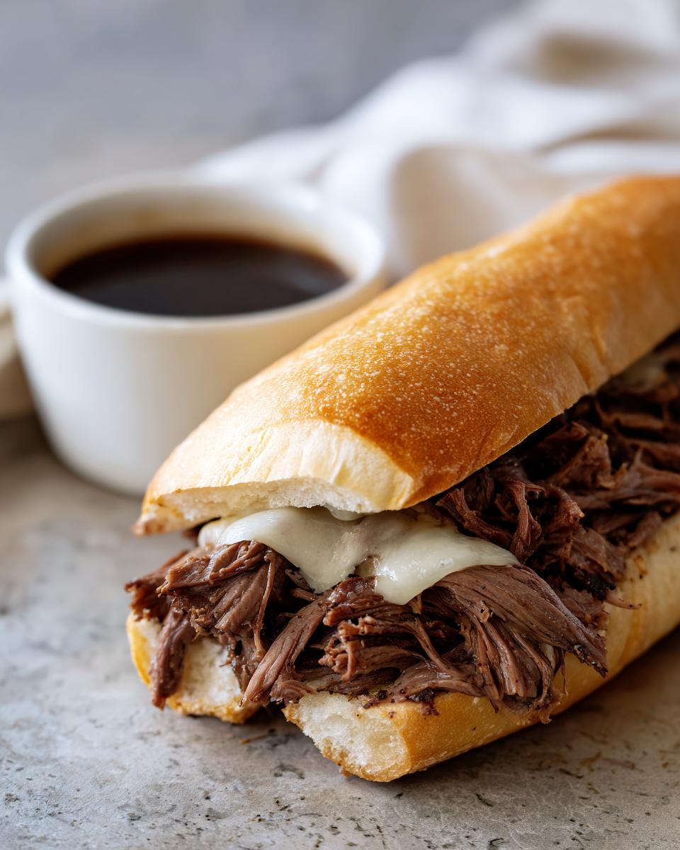 A delicious Crockpot French Dip Sandwich overflowing with shredded beef and melted cheese, served with a side of au jus.