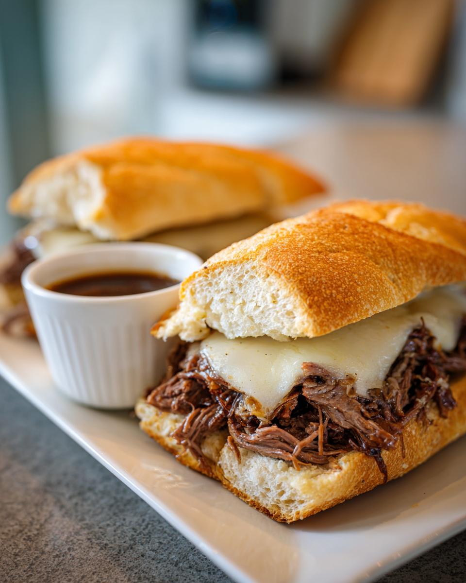 Close-up of a Crockpot French Dip Sandwich with tender shredded beef and melted provolone cheese on a toasted roll, served with au jus.
