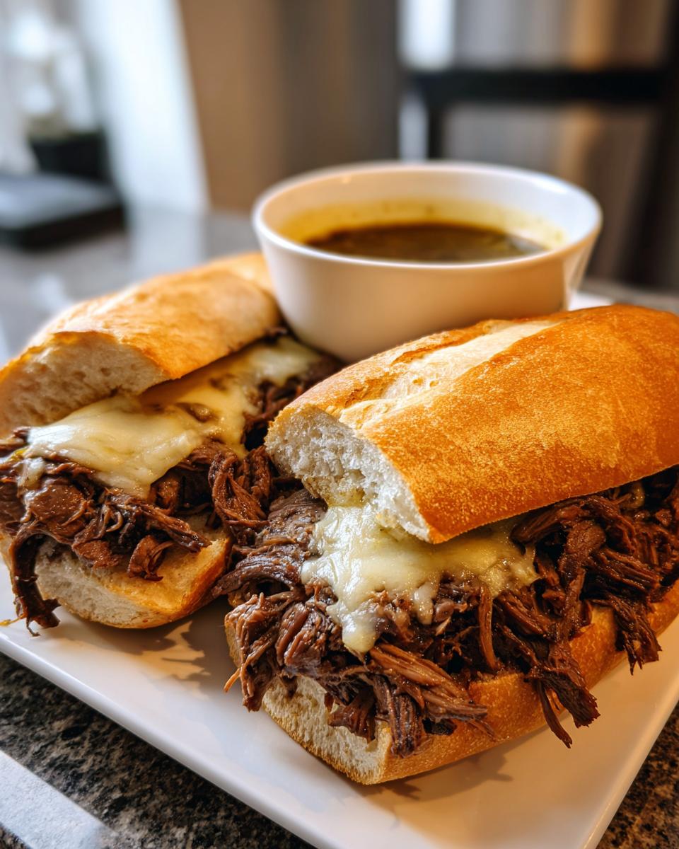 Two delicious Crockpot French Dip Sandwiches filled with shredded beef and melted cheese, served with a side of au jus.