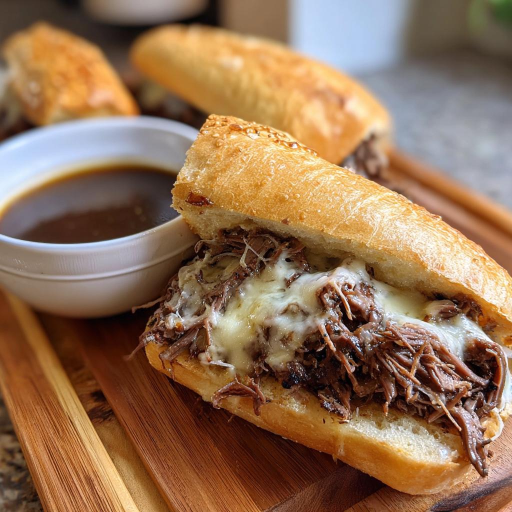 Close-up of a cheesy Crockpot French Dip Sandwich with a side of au jus for dipping.