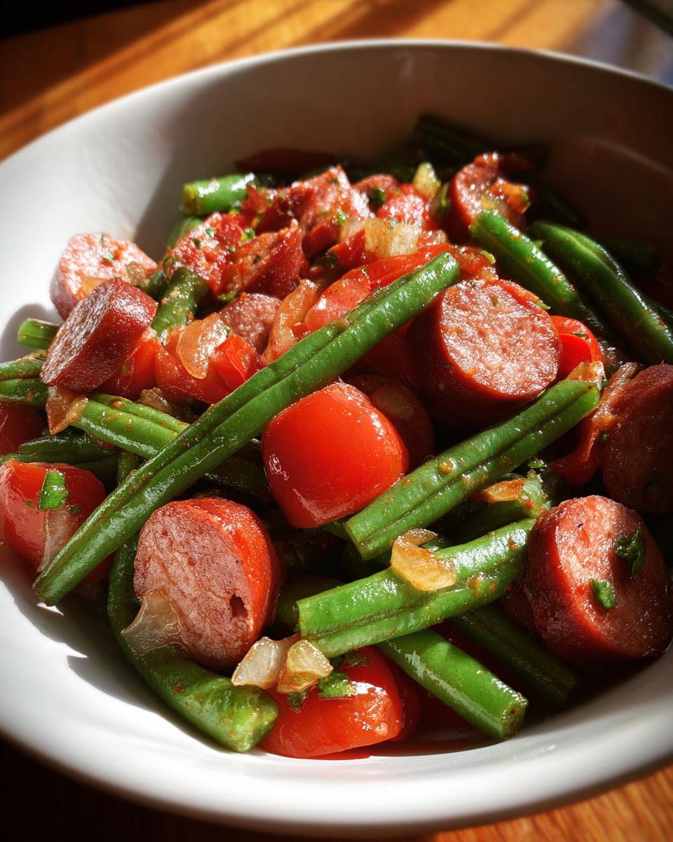Close-up of Crockpot Kielbasa and Green Beans dish in a white bowl, featuring sliced kielbasa, green beans, and cherry tomatoes.