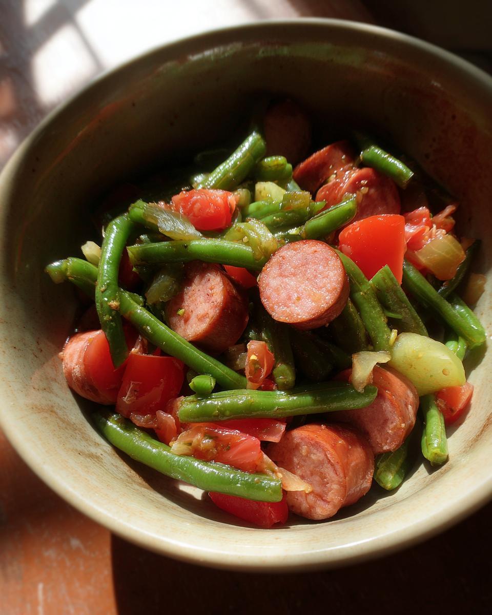 A close-up overhead view of a bowl filled with Crockpot Kielbasa and Green Beans, with chopped tomatoes and onions.