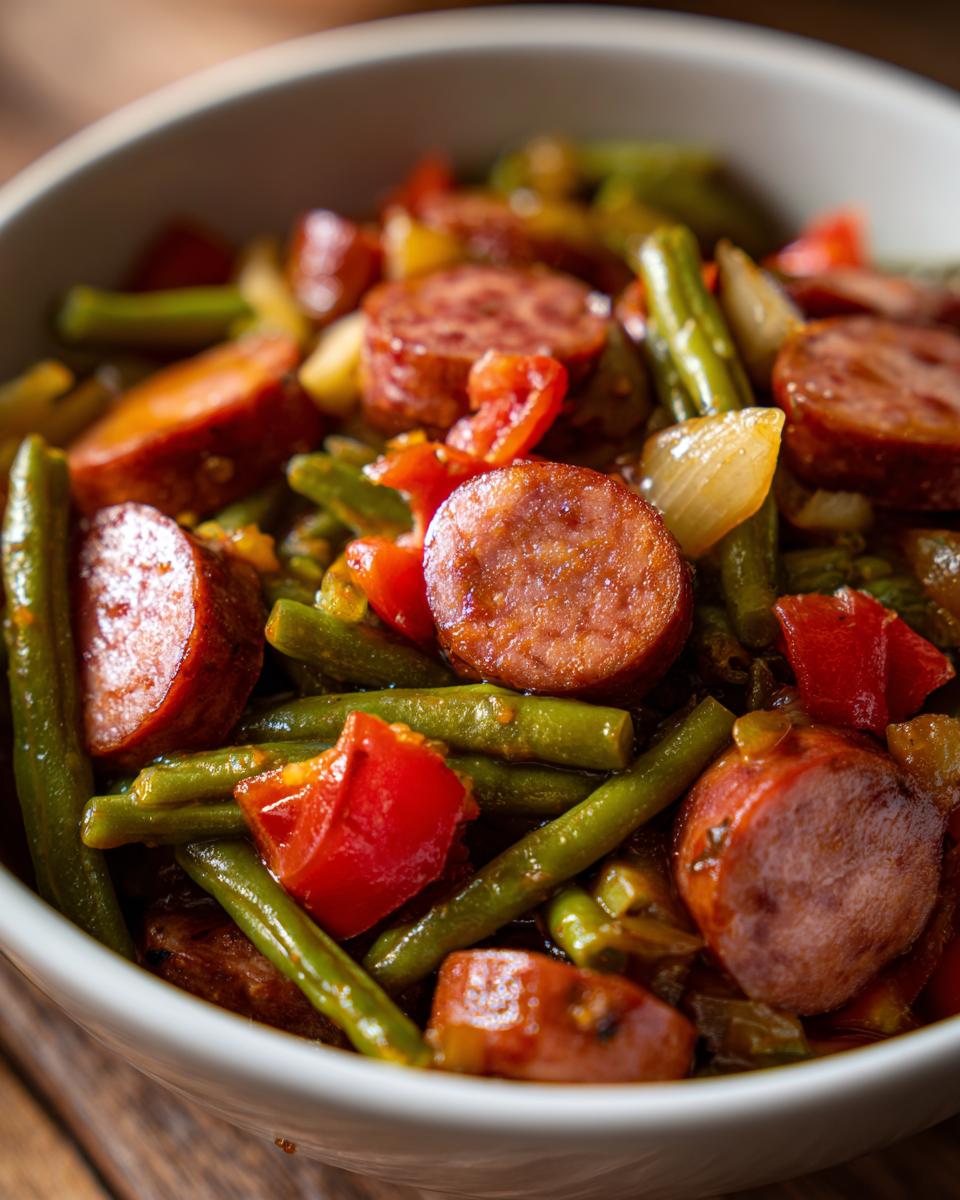 Close-up of a bowl filled with Crockpot Kielbasa and Green Beans, featuring sliced sausage, green beans, and red peppers.