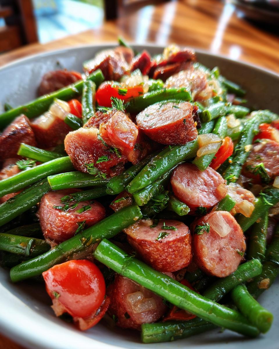 A close-up of a bowl filled with Crockpot Kielbasa and Green Beans, garnished with herbs.