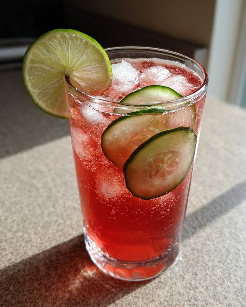 A tall glass of pink Cucumber Agua Fresca with ice, cucumber slices, and a lime wedge.