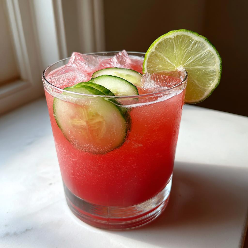 A vibrant pink Cucumber Agua Fresca garnished with cucumber slices and a lime wedge, perfect for backyard parties.