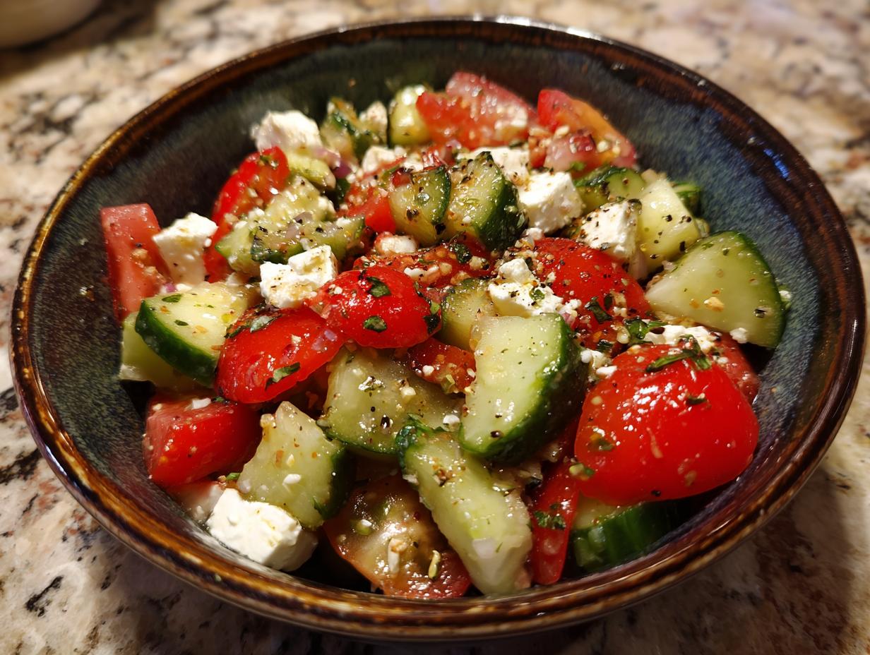 A refreshing summer salad with cucumber, tomato, and feta cheese, perfect for cookouts.