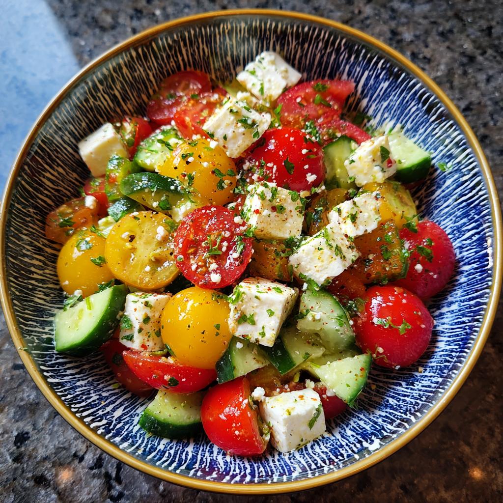 A refreshing summer salad with cucumber, cherry tomatoes, and feta cheese, perfect for cookouts.