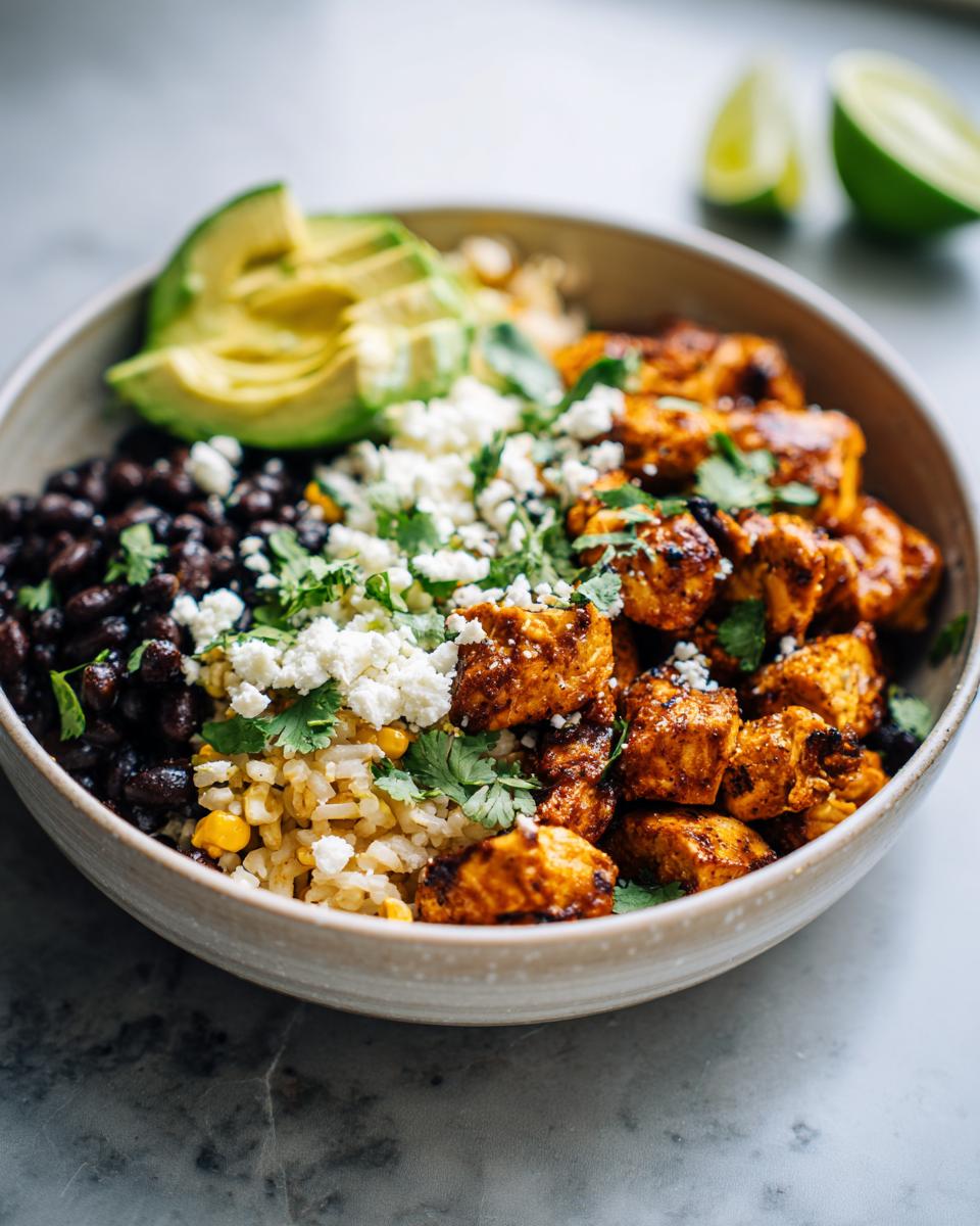 A vibrant Easy Street Corn Chicken Bowl filled with seasoned chicken, rice, black beans, avocado slices, and crumbled cheese.