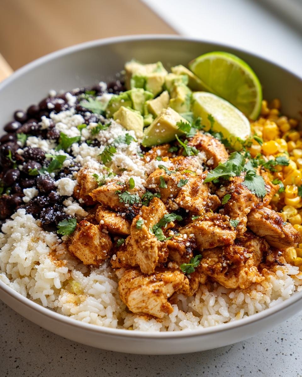 A vibrant Easy Street Corn Chicken Bowl featuring rice, seasoned chicken, black beans, corn, avocado, lime, and cilantro.