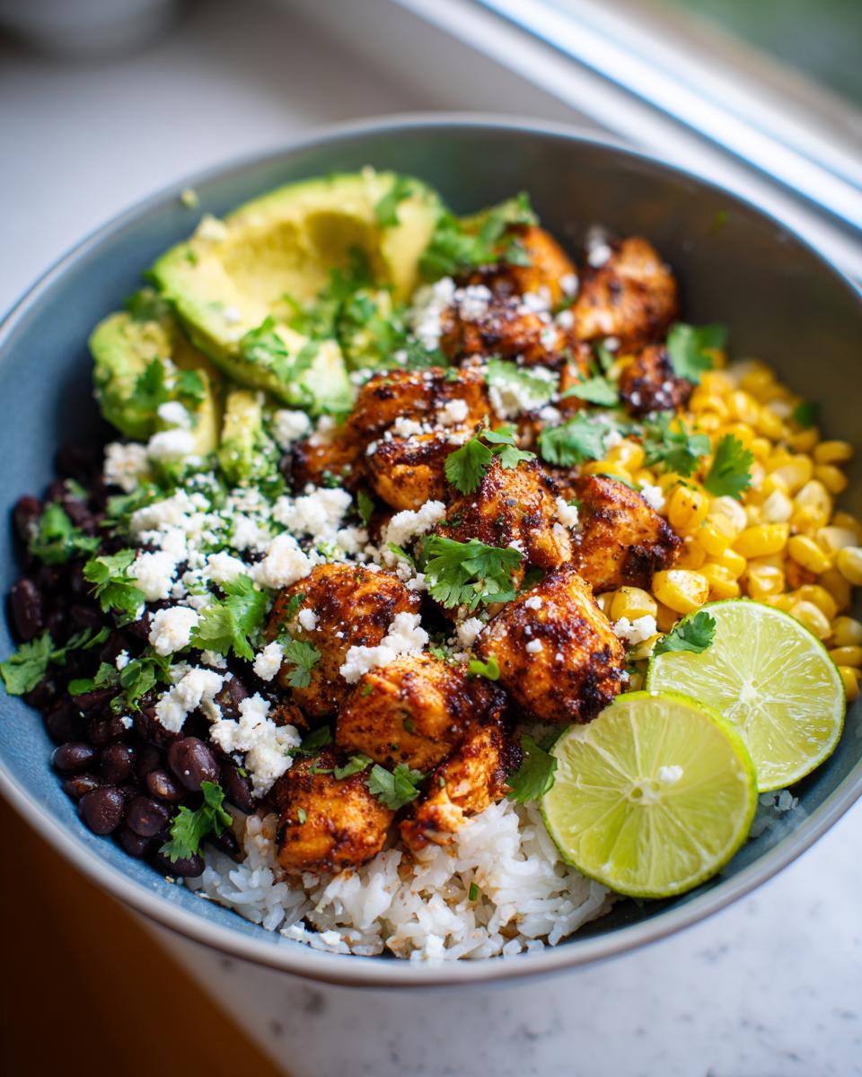 A vibrant Easy Street Corn Chicken Bowl featuring seasoned chicken, rice, black beans, corn, avocado, and lime slices.