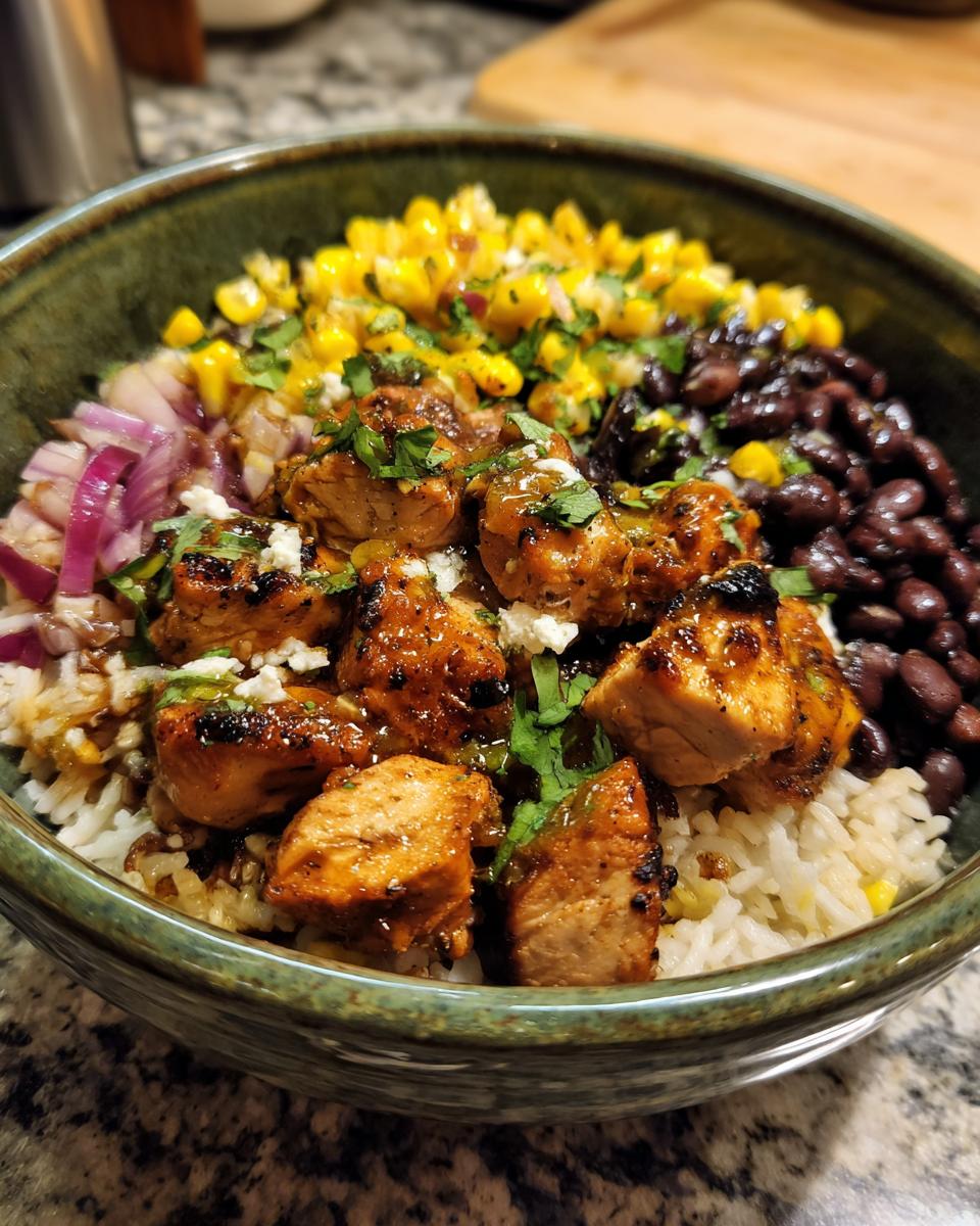 A close-up of an Easy Street Corn Chicken Bowl featuring seasoned chicken, rice, black beans, corn, and red onion.