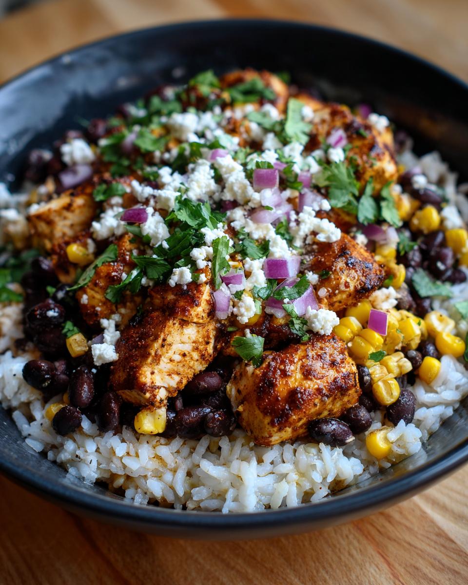 A close-up of an Easy Street Corn Chicken Bowl featuring seasoned chicken, black beans, corn, rice, crumbled cheese, and red onion.