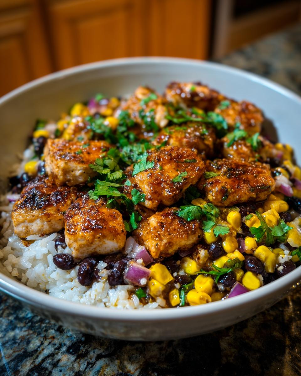 A close-up of an Easy Street Corn Chicken Bowl, featuring seasoned chicken, rice, black beans, corn, and red onion, topped with cilantro.