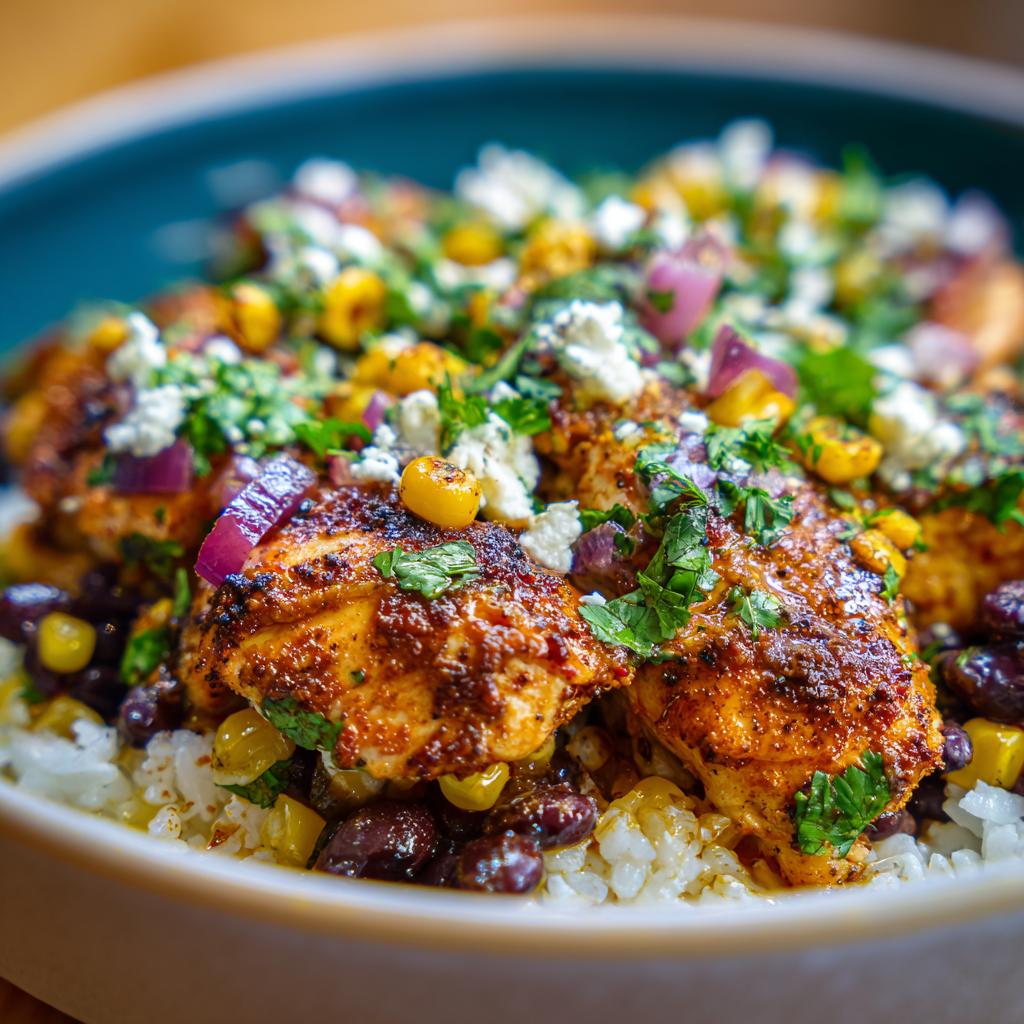 Close-up of an Easy Street Corn Chicken Bowl with seasoned chicken, rice, black beans, corn, red onion, and crumbled cheese.