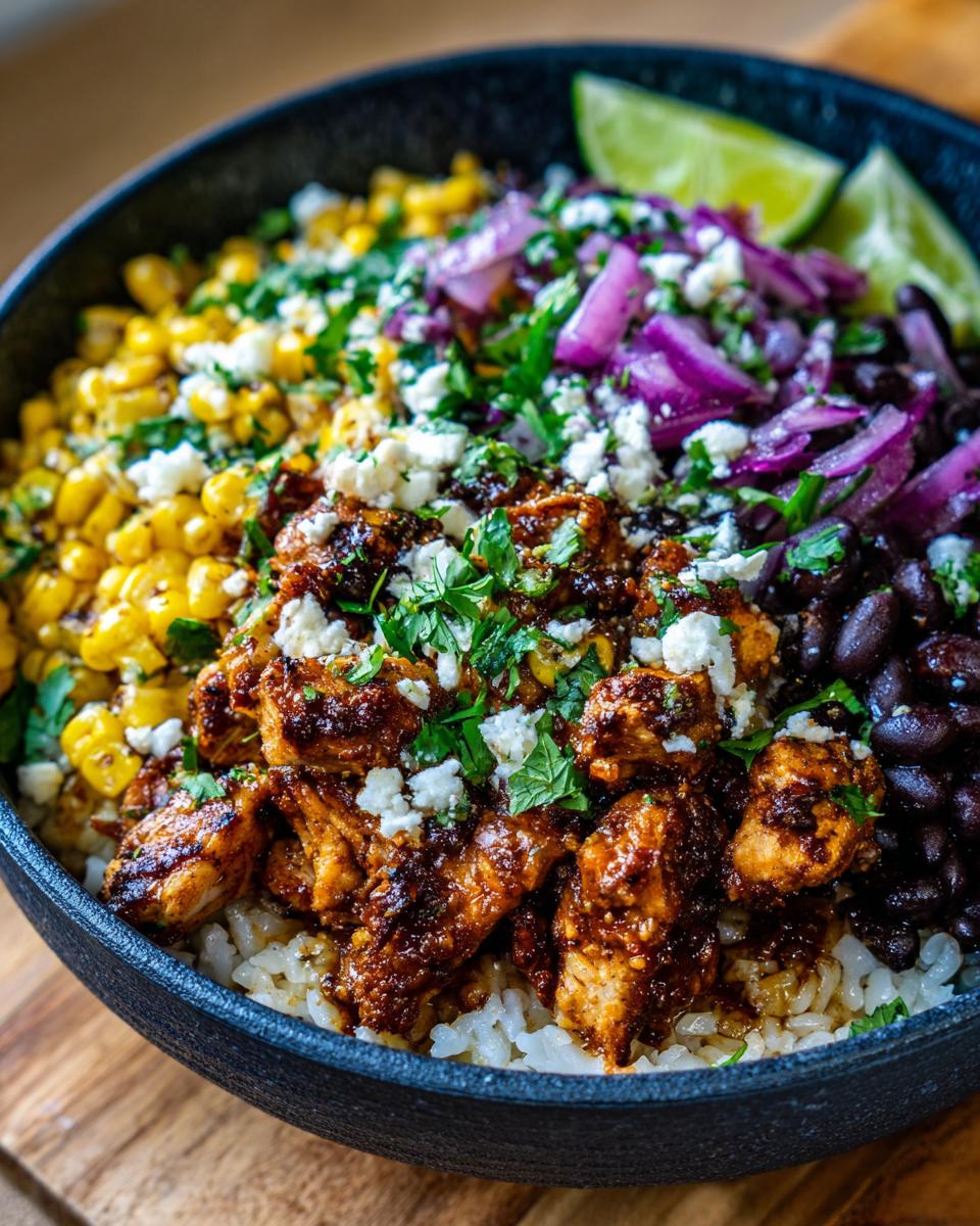 Close-up of an Easy Street Corn Chicken Bowl with rice, chicken, corn, black beans, red onion, and lime.