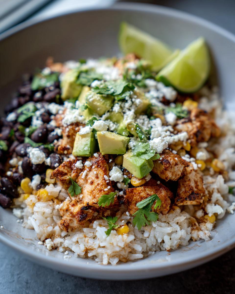 A close-up of an Easy Street Corn Chicken Bowl featuring seasoned chicken, rice, black beans, corn, avocado, and crumbled cheese.