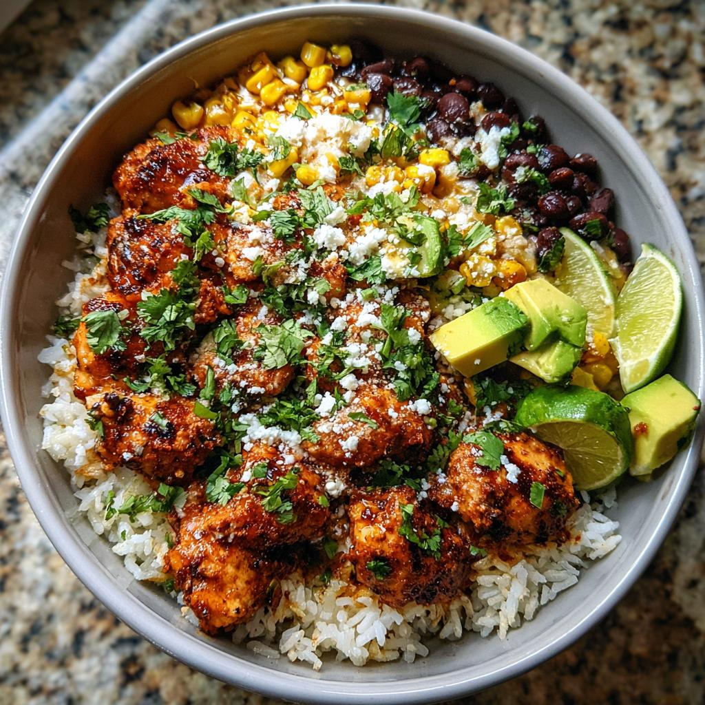 A vibrant Easy Street Corn Chicken Bowl featuring seasoned chicken, rice, black beans, corn, avocado, lime, and cilantro.