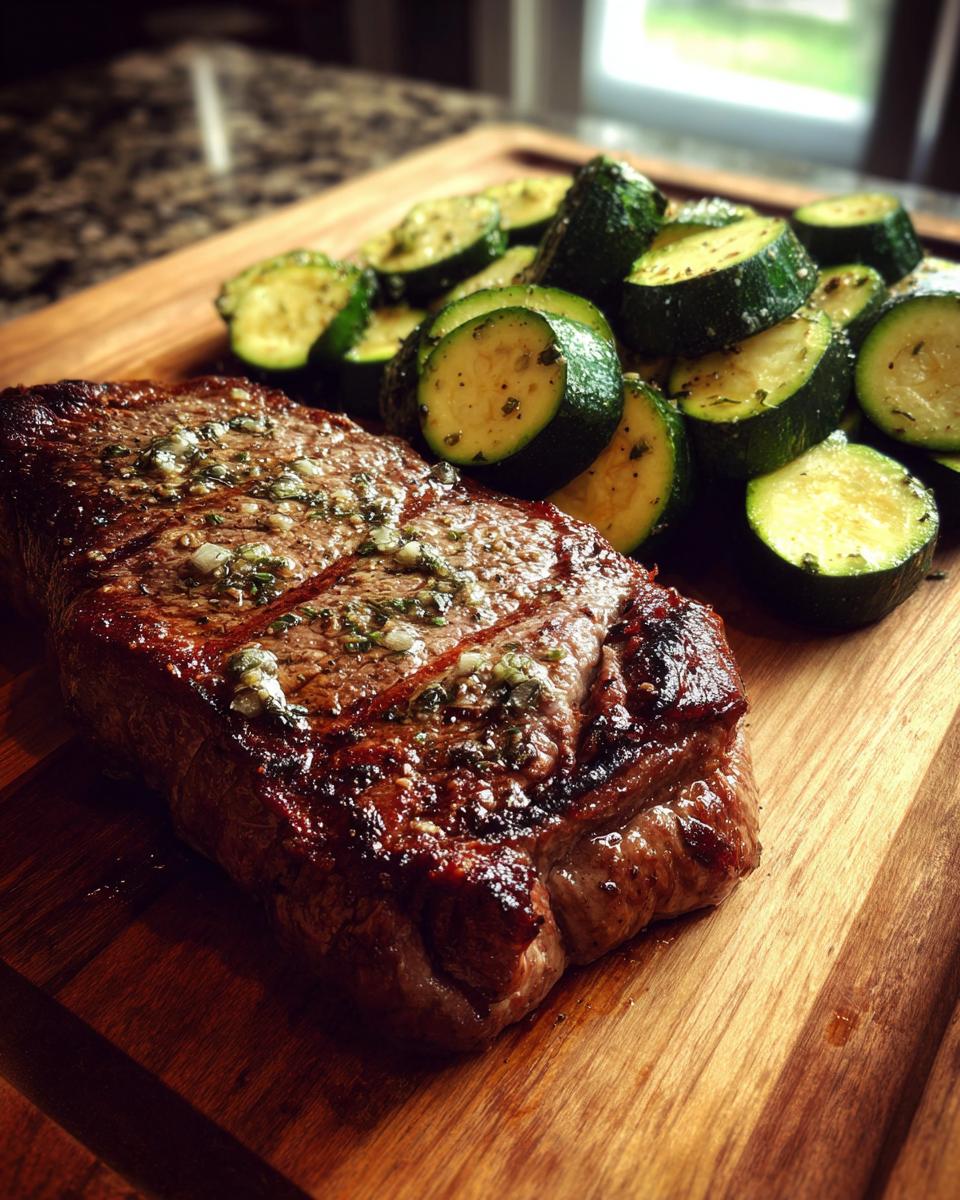 A juicy steak topped with garlic butter and herbs, served with sliced zucchini on a wooden board.