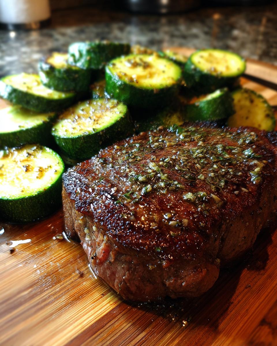 A juicy, seared steak topped with garlic butter and herbs, served with sliced zucchini.