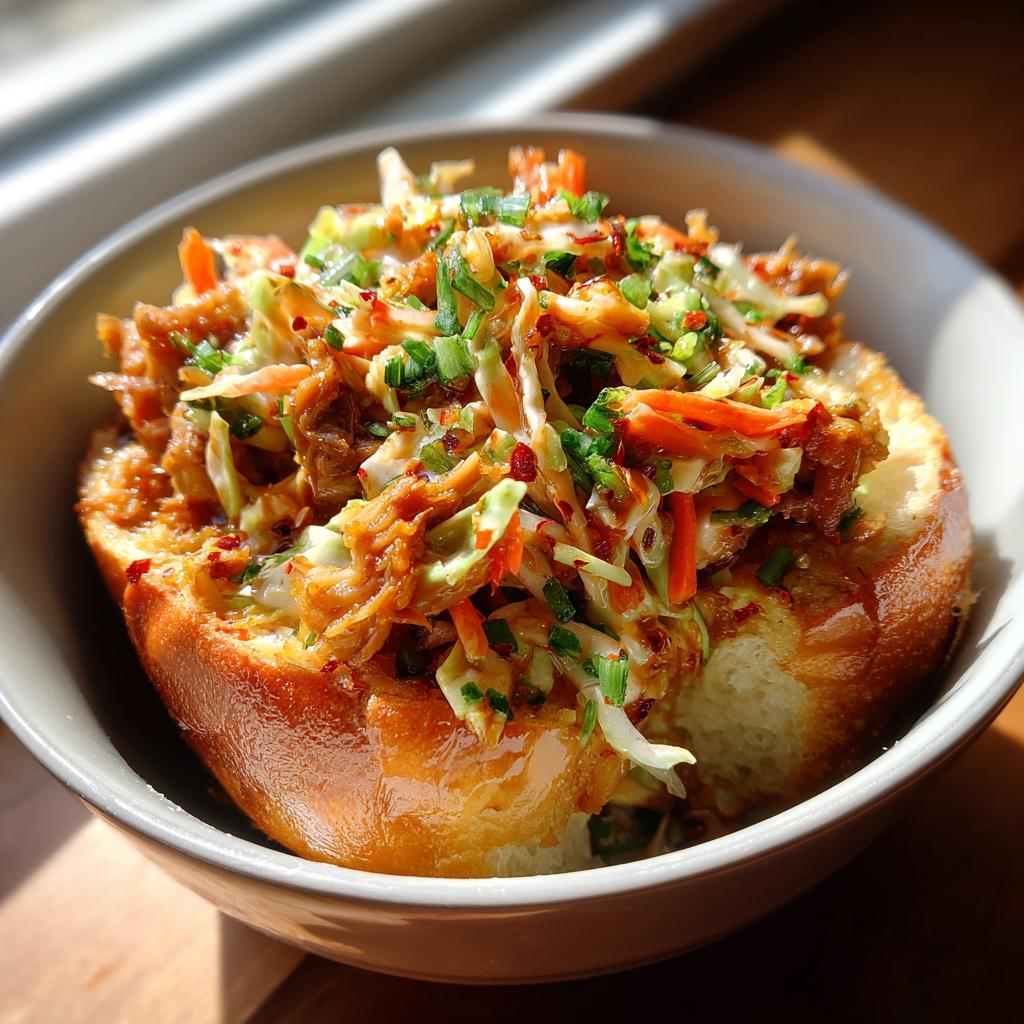 A close-up of an Egg Roll in a Bowl served on a toasted bun, topped with fresh chives and chili flakes.