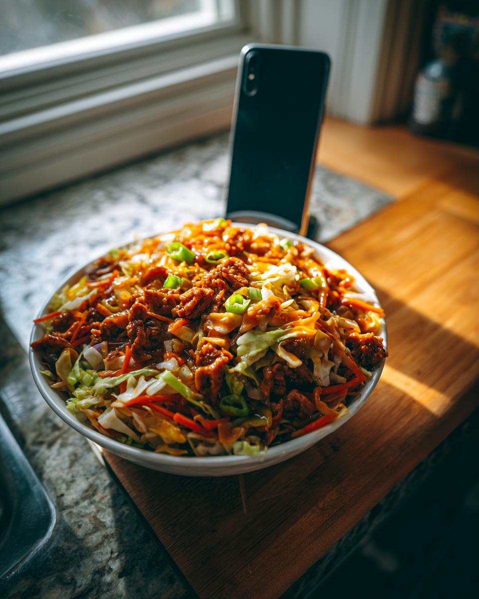 A close-up of a white bowl filled with Egg Roll in a Bowl, featuring shredded cabbage, carrots, and savory ground meat, garnished with green onions.