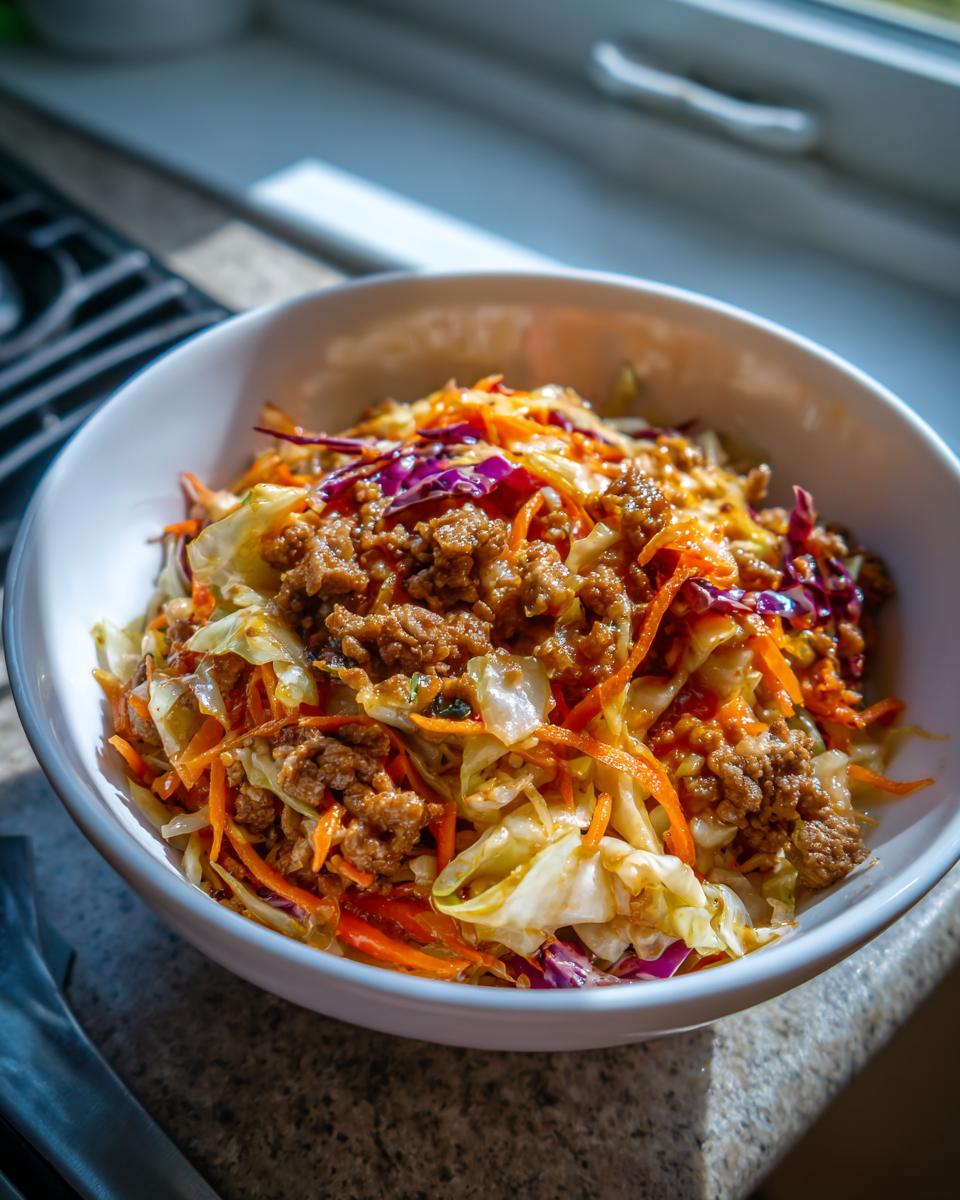 A close-up of a white bowl filled with colorful Egg Roll in a Bowl, featuring ground meat, cabbage, and shredded carrots.