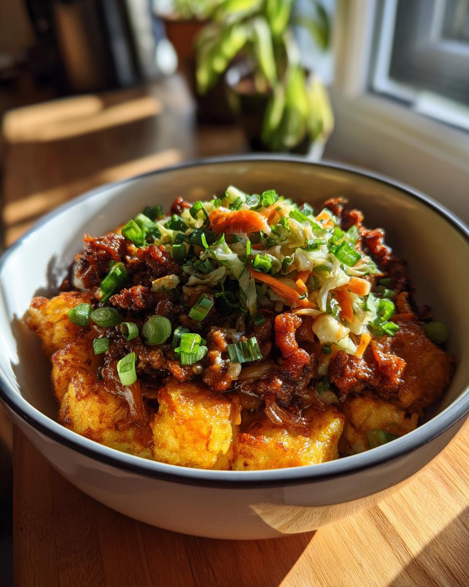 A close-up of a bowl filled with Egg Roll in a Bowl, featuring crispy tofu cubes topped with savory meat and fresh coleslaw.