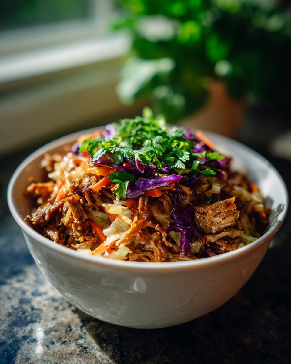 A close-up of a white bowl filled with Egg Roll in a Bowl, featuring shredded pork, cabbage, carrots, and fresh cilantro.