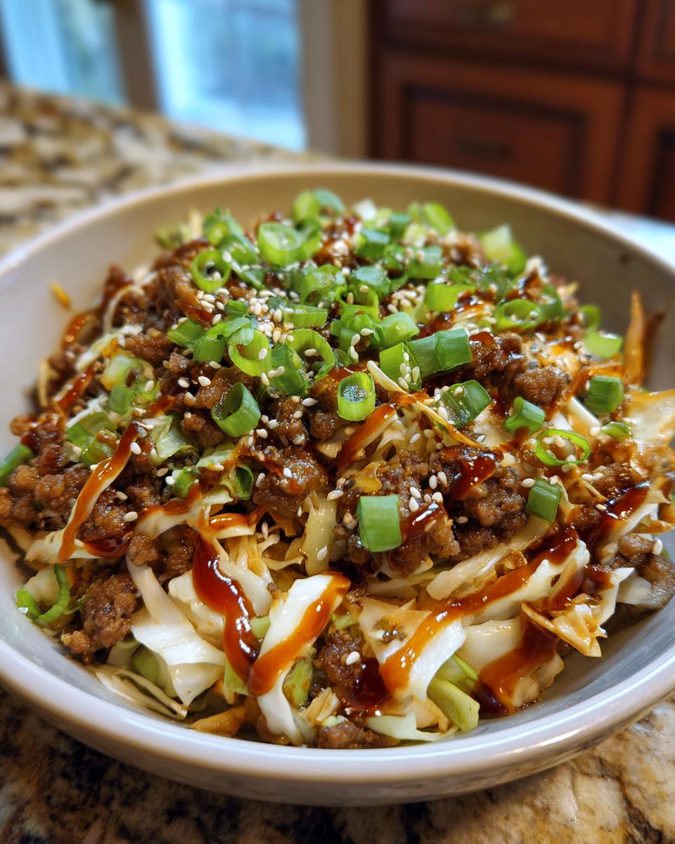 A close-up of a bowl filled with Egg Roll in a Bowl, topped with ground meat, green onions, sesame seeds, and a drizzle of sauce.