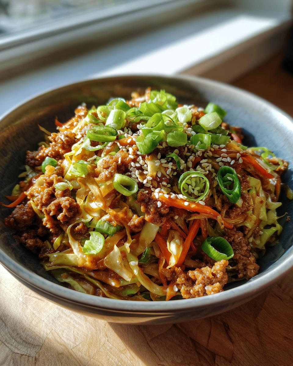 A close-up of a bowl filled with Egg Roll in a Bowl, topped with green onions and sesame seeds.