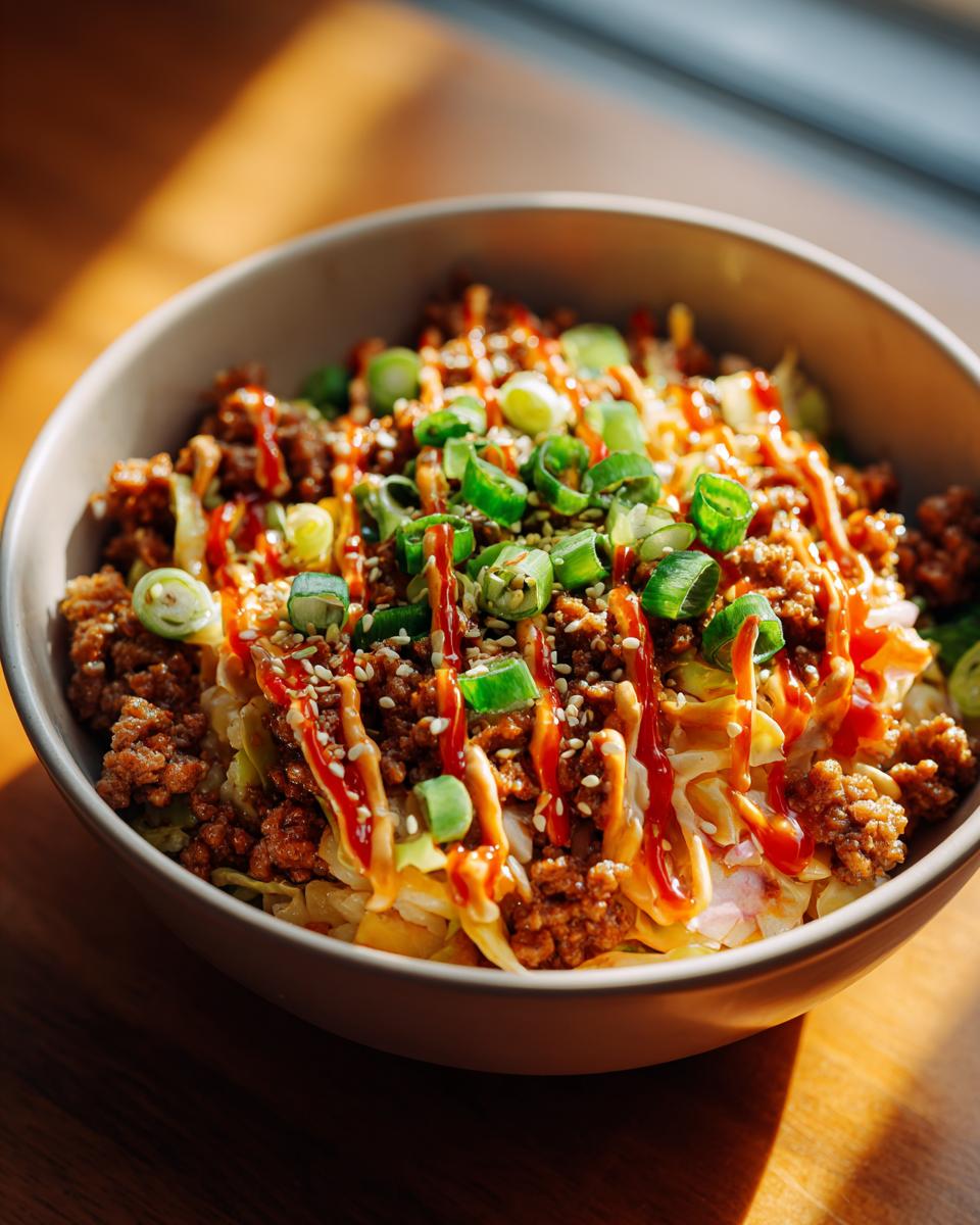A close-up of a bowl filled with Egg Roll in a Bowl, topped with ground meat, cabbage, green onions, sesame seeds, and a drizzle of sauce.