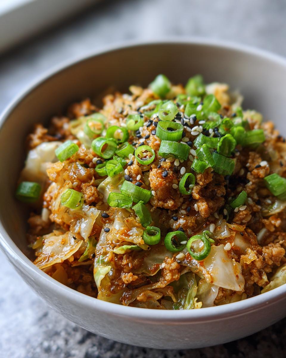 A close-up of a bowl filled with Egg Roll in a Bowl, topped with chopped green onions and sesame seeds.