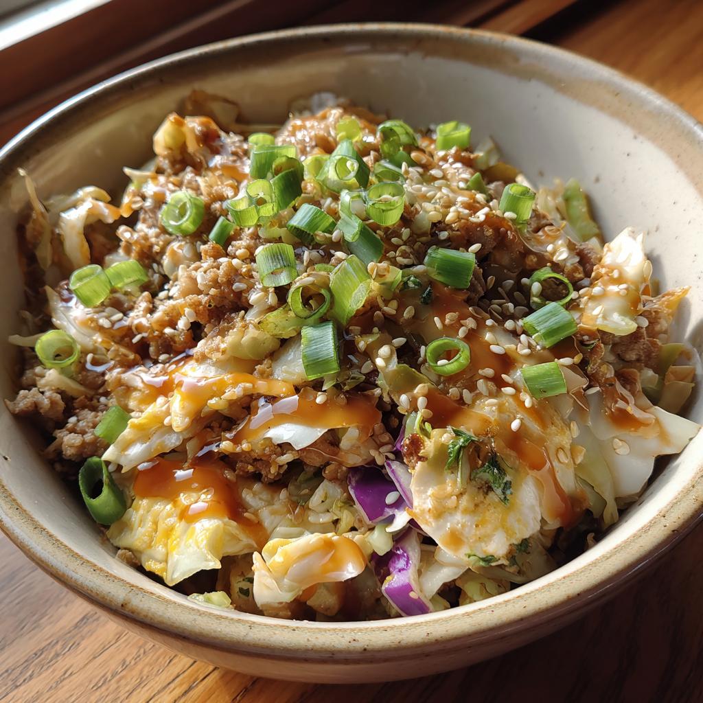 A close-up of a hearty Egg Roll in a Bowl, featuring ground meat, cabbage, and a drizzle of sauce, topped with green onions and sesame seeds.
