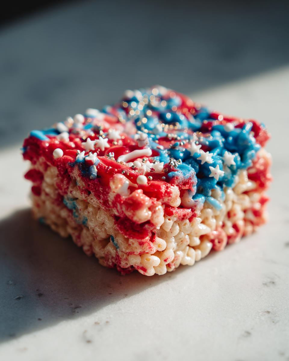 A single Firecracker Rice Krispie Treat decorated with red and blue icing and star sprinkles, perfect for Fourth of July desserts.
