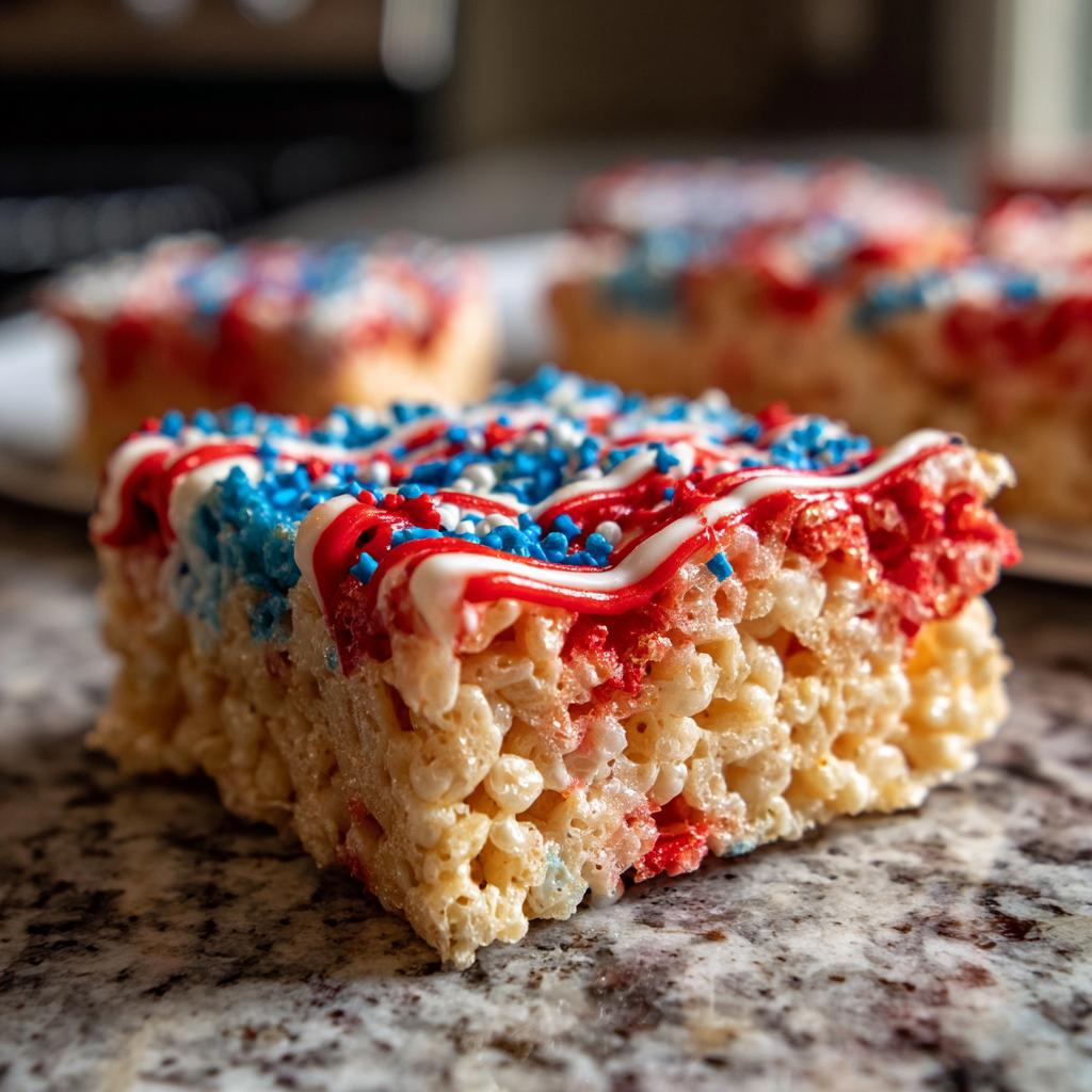 Close-up of a festive Fourth of July dessert: Firecracker Rice Krispie Treats with red, white, and blue frosting and sprinkles.