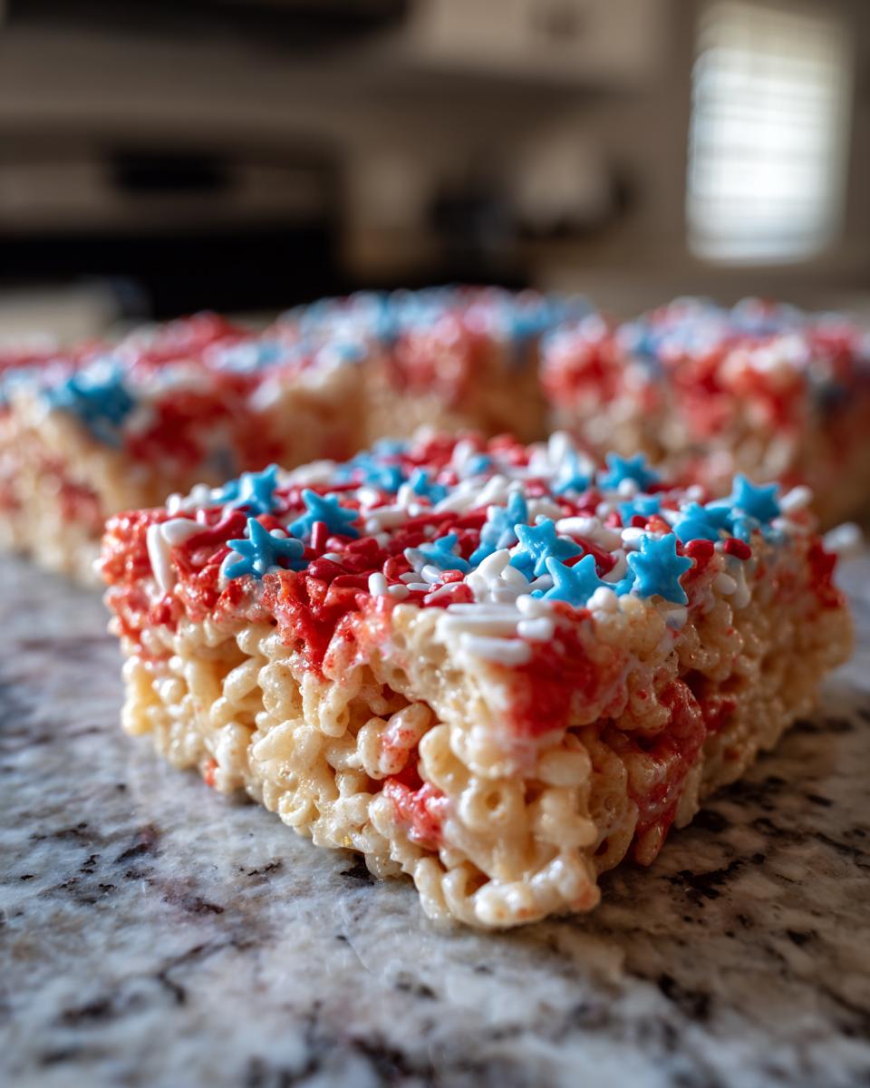 Close-up of a Firecracker Rice Krispie Treat decorated with red, white, and blue sprinkles for Fourth of July desserts.