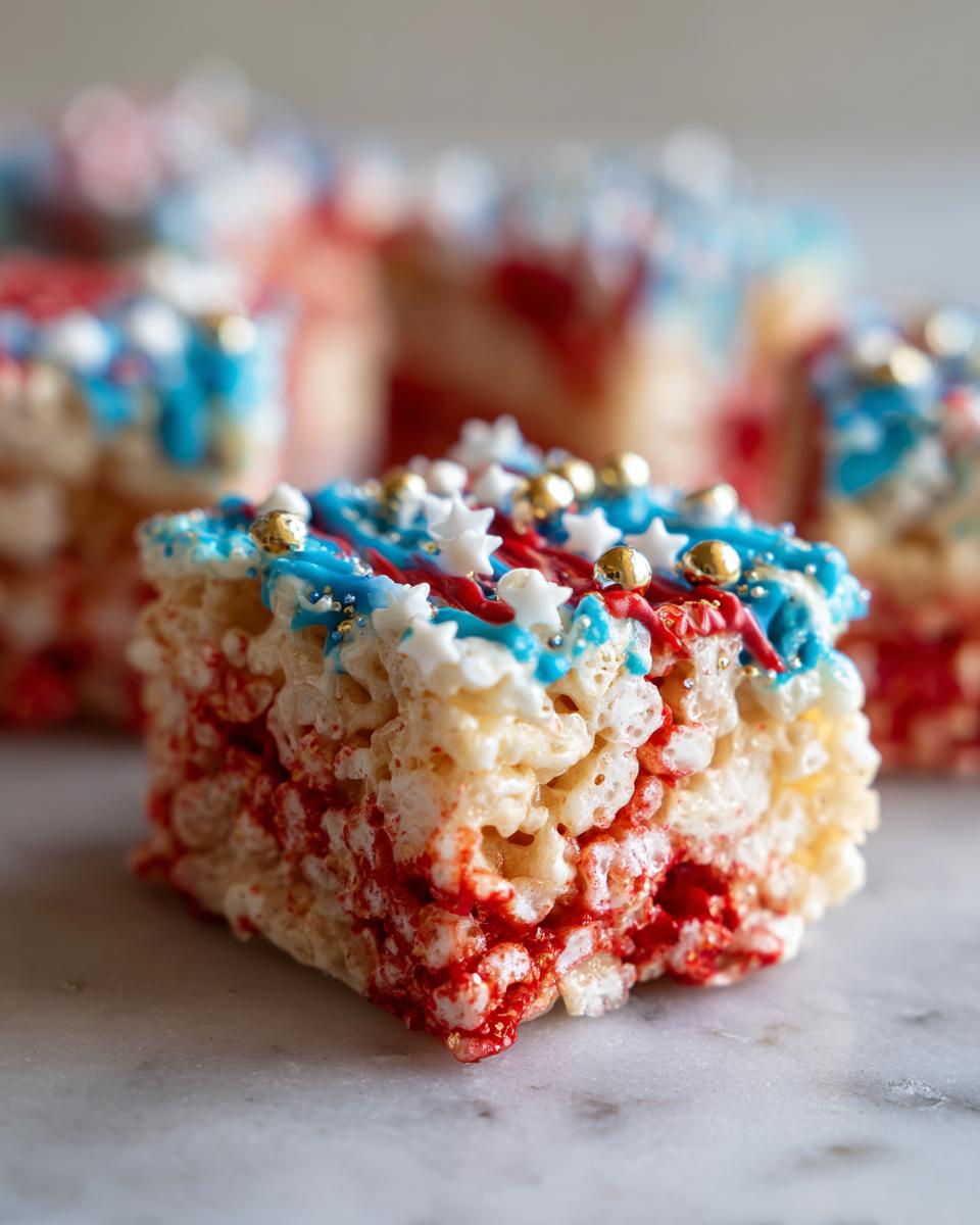 Close-up of a festive Firecracker Rice Krispie Treat decorated with red, white, and blue icing and sprinkles.