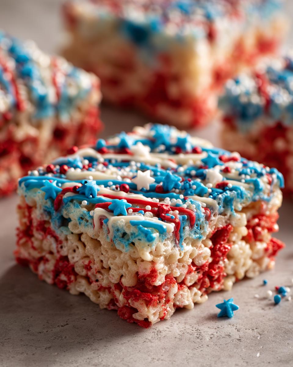 Close-up of a festive Firecracker Rice Krispie Treat decorated with red, white, and blue icing and sprinkles for Fourth of July desserts.
