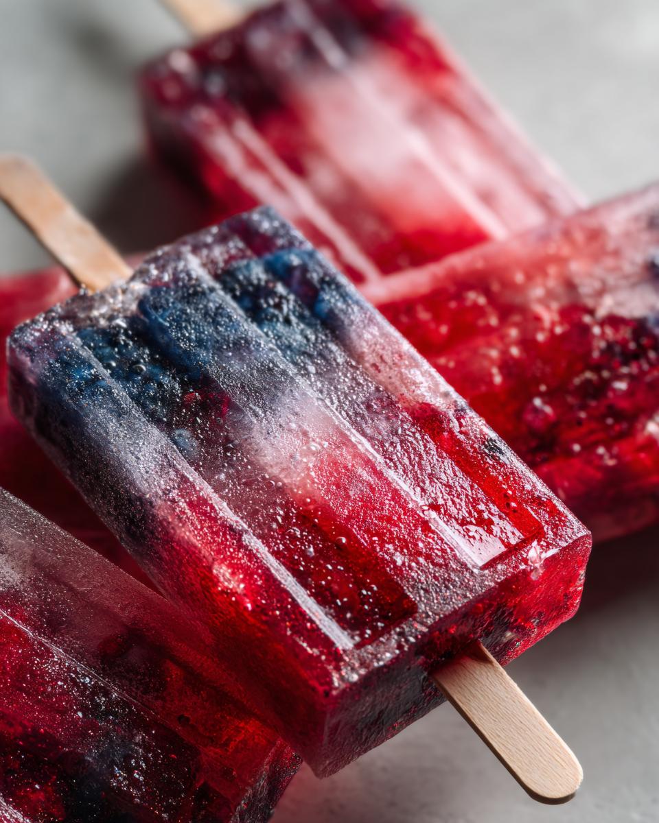 Close-up of a red, white, and blue berry popsicle, perfect for Fourth of July desserts.