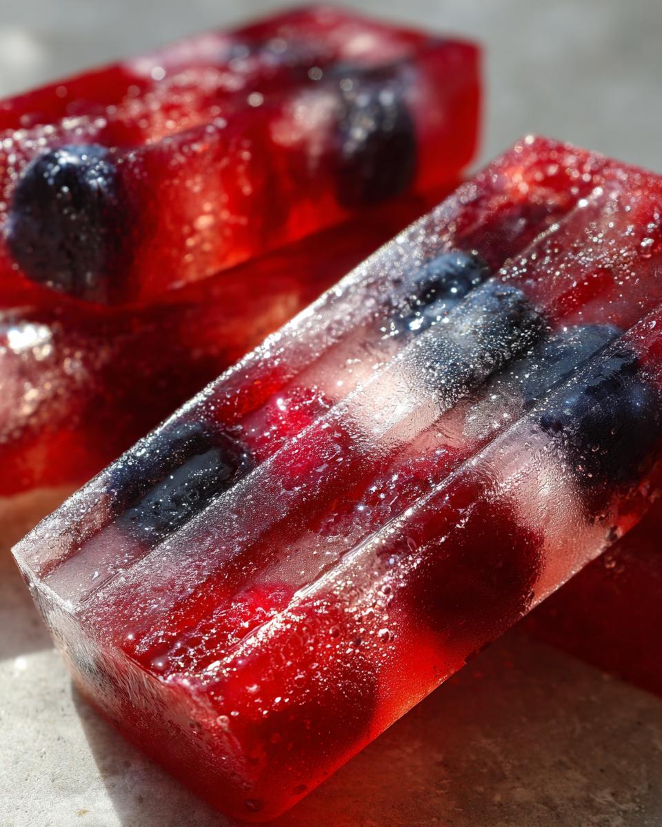 Close-up of red, white, and blue berry popsicles, perfect for Fourth of July desserts.